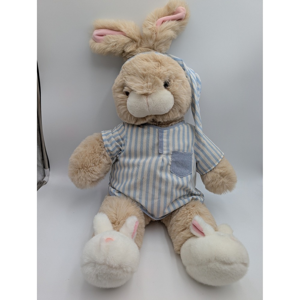JC Penney Plush Bunny Tan Blue Striped Nightgown Sleeping Cap Bunny Slippers